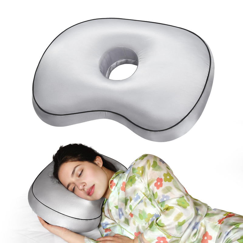 [Australia] - Orthopedic Ear Piercing Pillow for Side Sleepers, Pain Relief Design with Removable Cover and Ear Hole, 12x19 Inch Pierced Ears Support Pillow With Silver Gray Artificial Silk Pillowcase 
