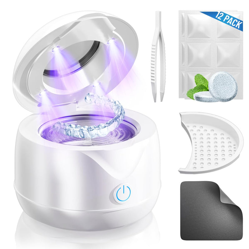 [Australia] - Ultrasonic Retainer Cleaner Machine, 45kHz Retainer Cleaner with UV-C Light and Cleaning Tablets, Capacity 200ML, Portable Dental Cleaning Pod for Dentures Night Mouth Guards Aligner Braces Jewelry 