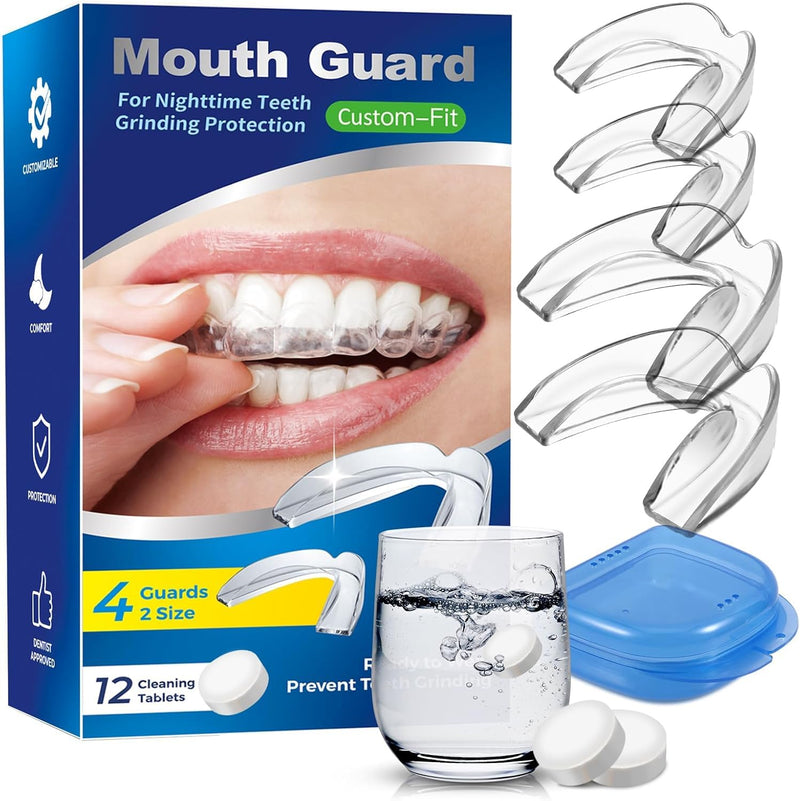 [Australia] - Mouth Guard for Grinding Teeth at Night, Night Guards for Teeth Grinding, Mouthguards for Grinding of Teeth, Mouth Guard for Clenching Teeth at Night with 12 Cleaning Tablets mouthguard New 4 Units with Tablets 