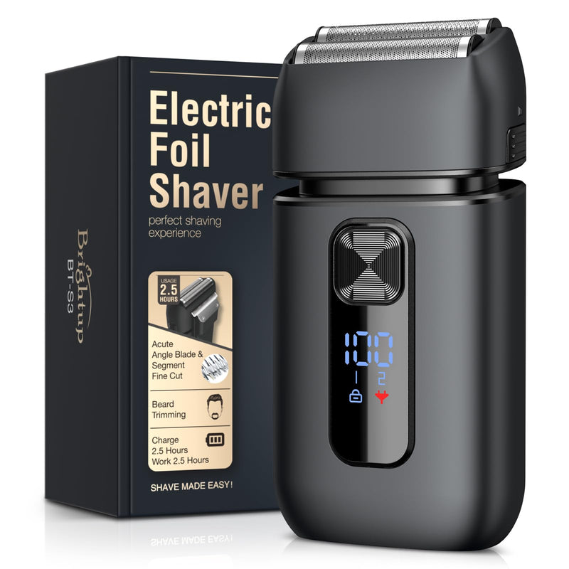 Brightup Foil Shavers for Men - Smooth & Close Electric Razor for Men with Pop Up Trimmer - Wet Dry Shaving/Travel Lock/LED Display/IPX6 Waterproof Black