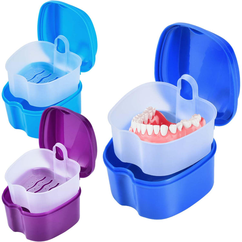 [Australia] - 3 Pack Colors Denture Bath Case Cup Box Holder Storage Soak Container with Strainer Basket for Travel Cleaning (Blue, Light Blue, Purple) Blue, Light Blue, Purple 