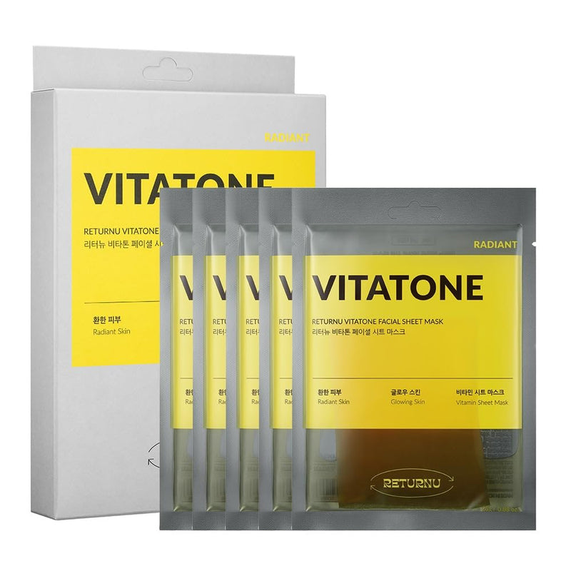 Vitatone Facial Sheet Mask, Hydrating Sheet Mask with Vitamin C to Soothe, Deeply Moisturize & Boost Radiance for a Healthy Glass Skin Glow, Flight Skincare (0.88 fl. oz x 5ea)
