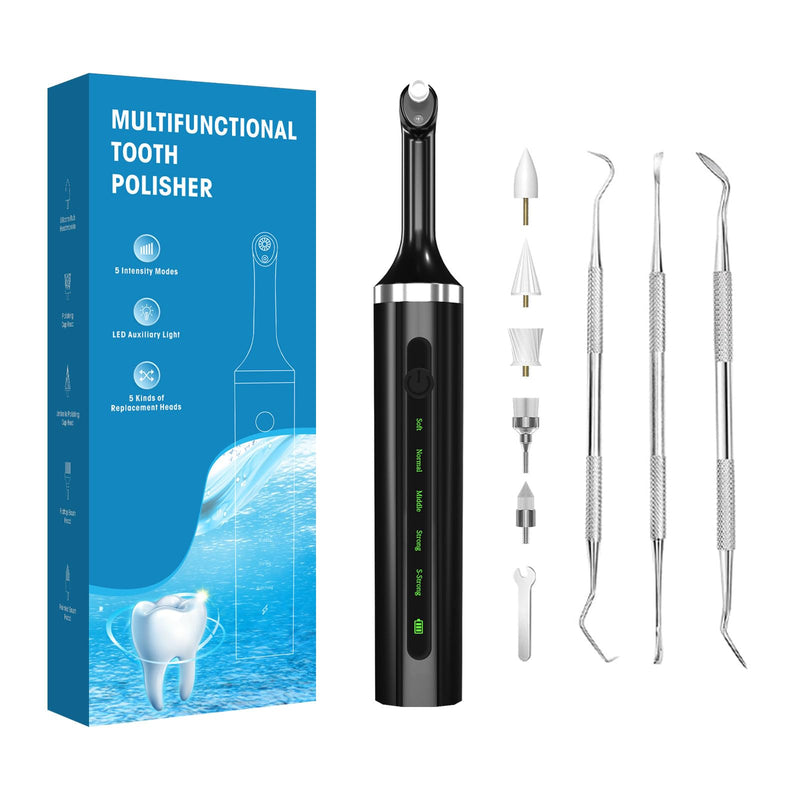 [Australia] - Plaque for Teeth Whitening Tools Electric Tartar Polishing Cleaning Kit with LED Light 5 Speed Modes with 5 Replacement Brush Heads (Black) 
