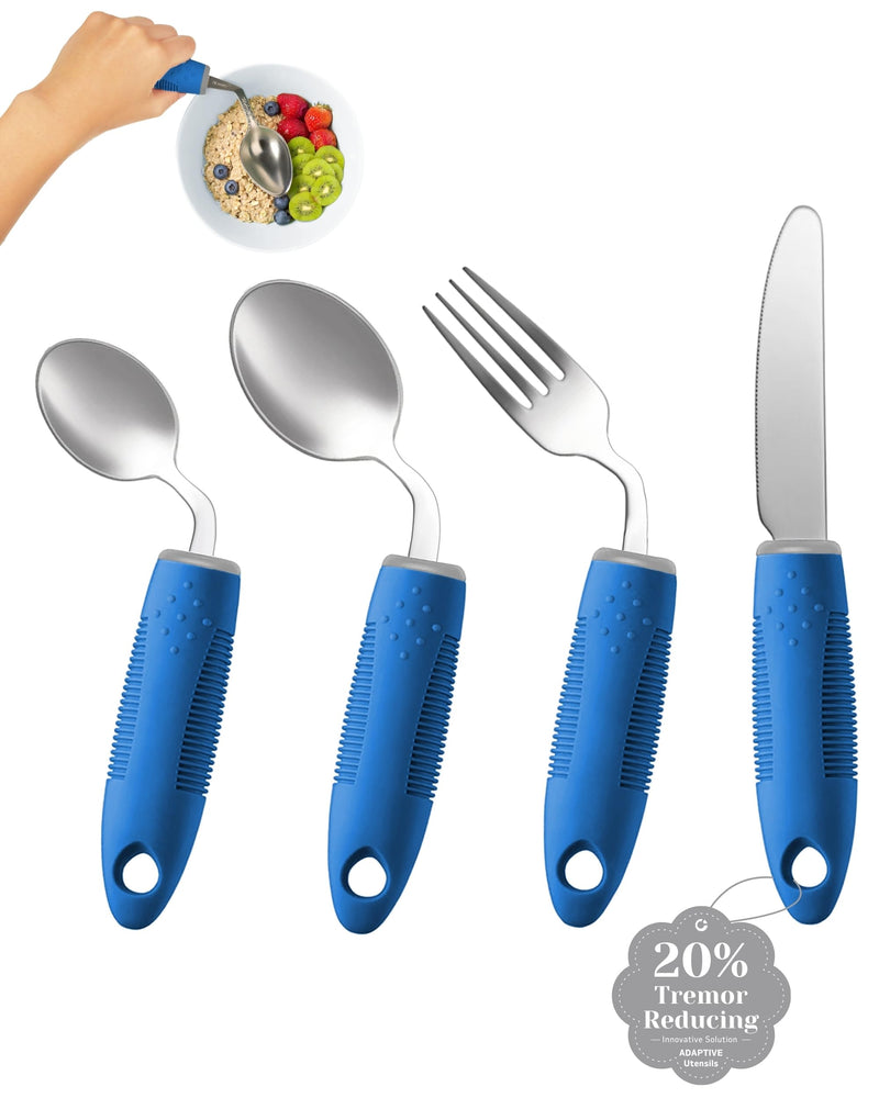 [Australia] - 4-Piece Adaptive Utensils Set - 42°Angled Parkinsons Utensils, Weighted Utensils for Tremors and Parkinsons Patients, Blue (Right-Handed) Right-handed Blue – 4pcs (2.5 oz each) 