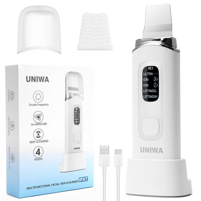 [Australia] - UNIWA Skin Scrubber Face Spatula, Skin Scrubber Pore Cleaner Blackhead Remover Tool for Deep Facial Cleansing - 4 Modes, Face Spatula with USB Charger, LCD Display, IPX7 Waterproof - White 