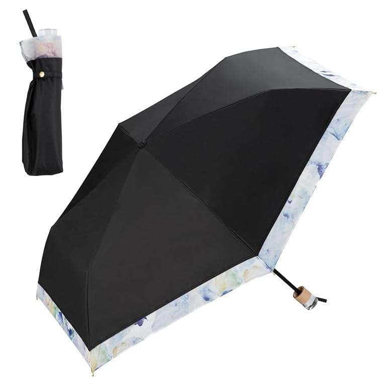 Wpc. UV Protection Organza Print Mini Folding Umbrella black – Cute & Elegant Sun & Rain Umbrella, 100% UV Cut, Waterproof