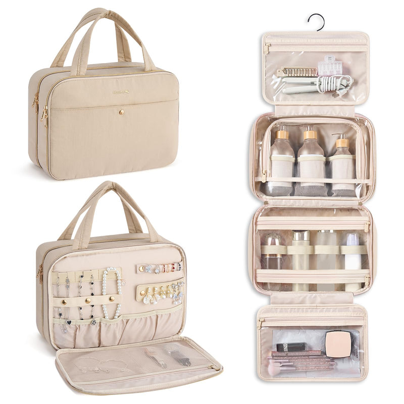 Hanke Hanging Travel Toiletry Bag with Jewelry Organizer, Apricot | Large Capacity, Holds Full-Size Bottles, Water & Stain Resistant, 360° Swivel Hook, Trolley Sleeve, Women's Makeup Organizer