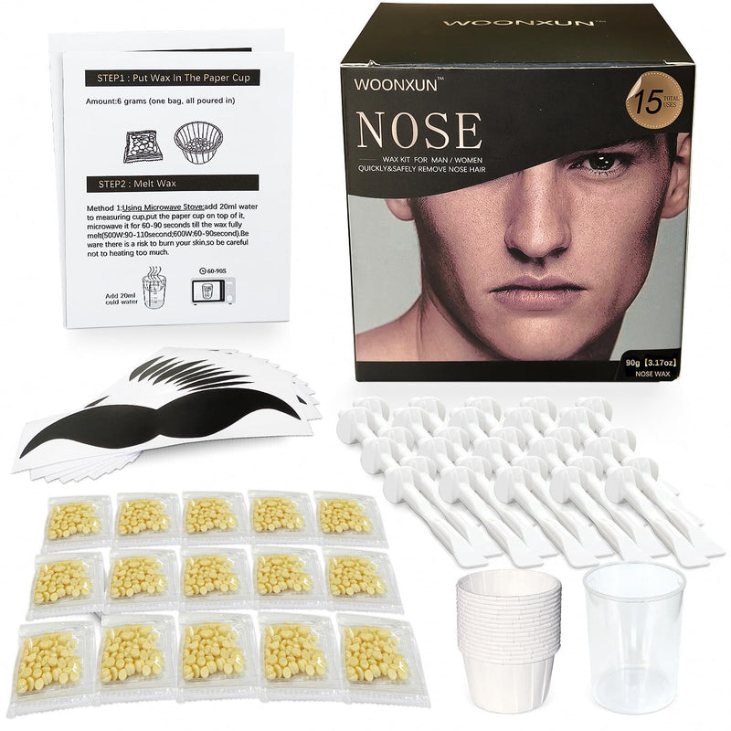 [Australia] - Nose Wax Kit, 90 g Wax, 6 g each individual bag total 15 bags of nose wax, 15 Paper Cups, 30 Applicators, 15 Uses, Nose Hair Removal for Men and Women, Fast, Safe, Easy, Painless Hair Remover 90g 