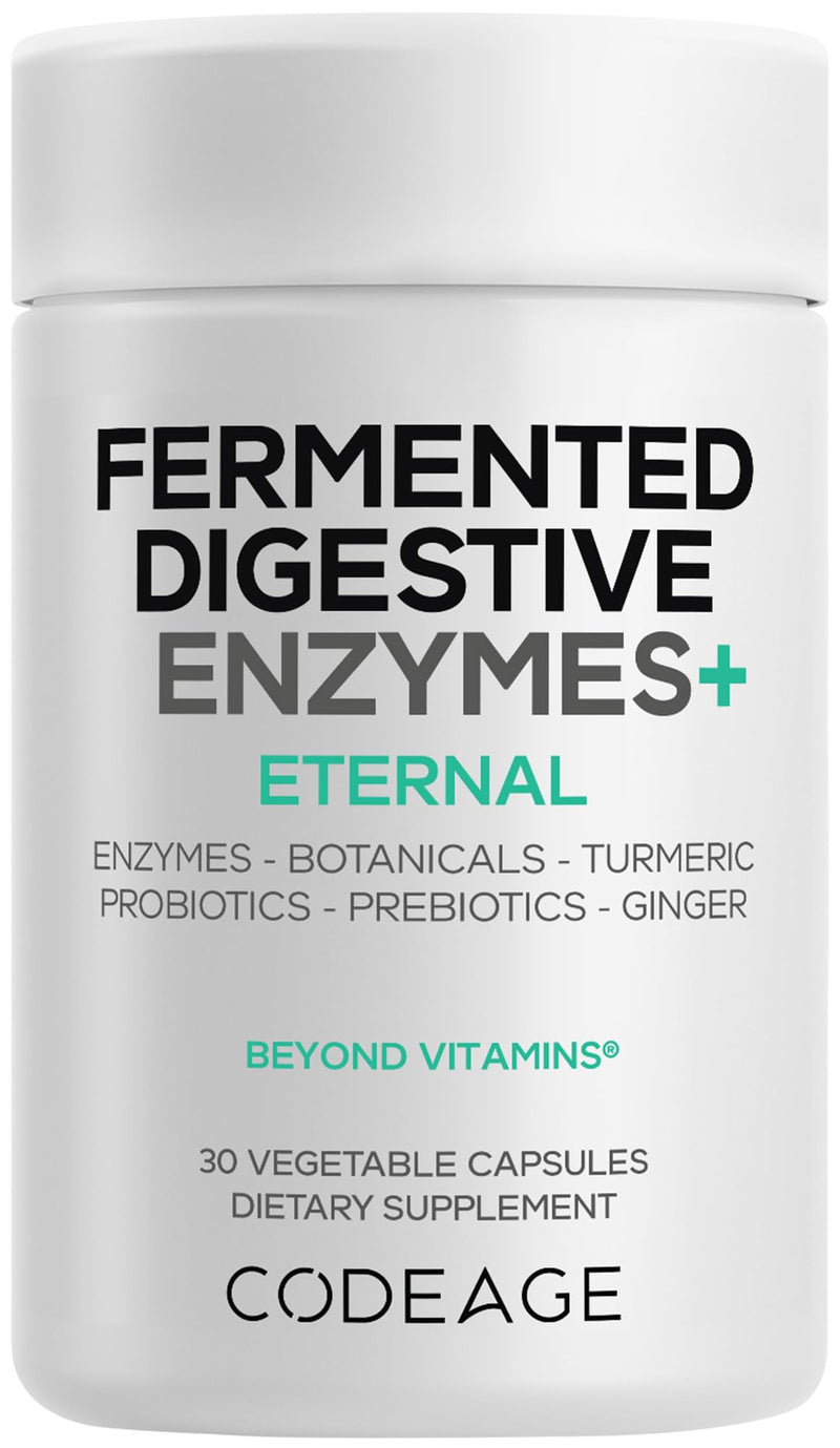 Codeage Fermented Digestive Enzymes, 14 Enzymes, Probiotics, 30 Capsules | 14 fermented digestive enzymes, probiotics, prebiotics, fermented botanicals. Plant-based. One capsule per day. Non-GMO.