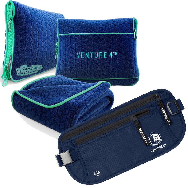 VENTURE 4TH Ultimate Travel Comfort Bundle: RFID Blocking Money Belt & Travel Blanket Pillow (Navy Money Belt & Navy-Teal Blanket/Pillow)