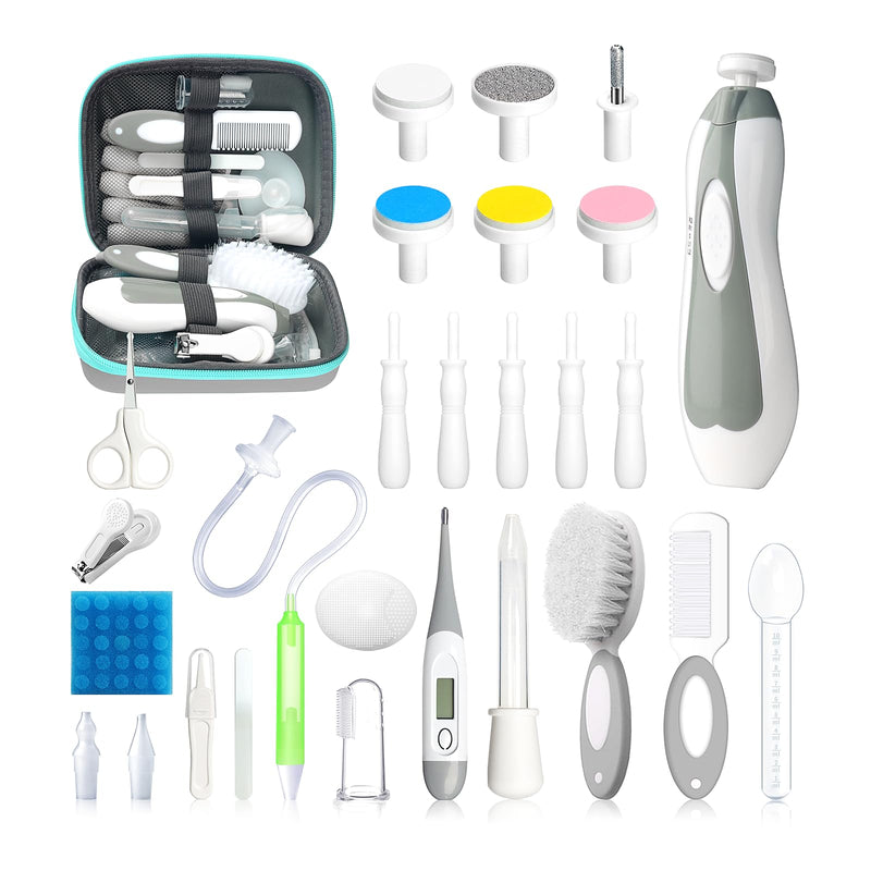 [Australia] - Baby Healthcare and Grooming Kit, 28 in 1 Portable Baby Essentials Kit Electric Nail Trimmer Set with Gas Relief Hair Brush Comb Nasal Aspirator for Newborn Boys Girls (Grey White) 28 Kits-Grey White 