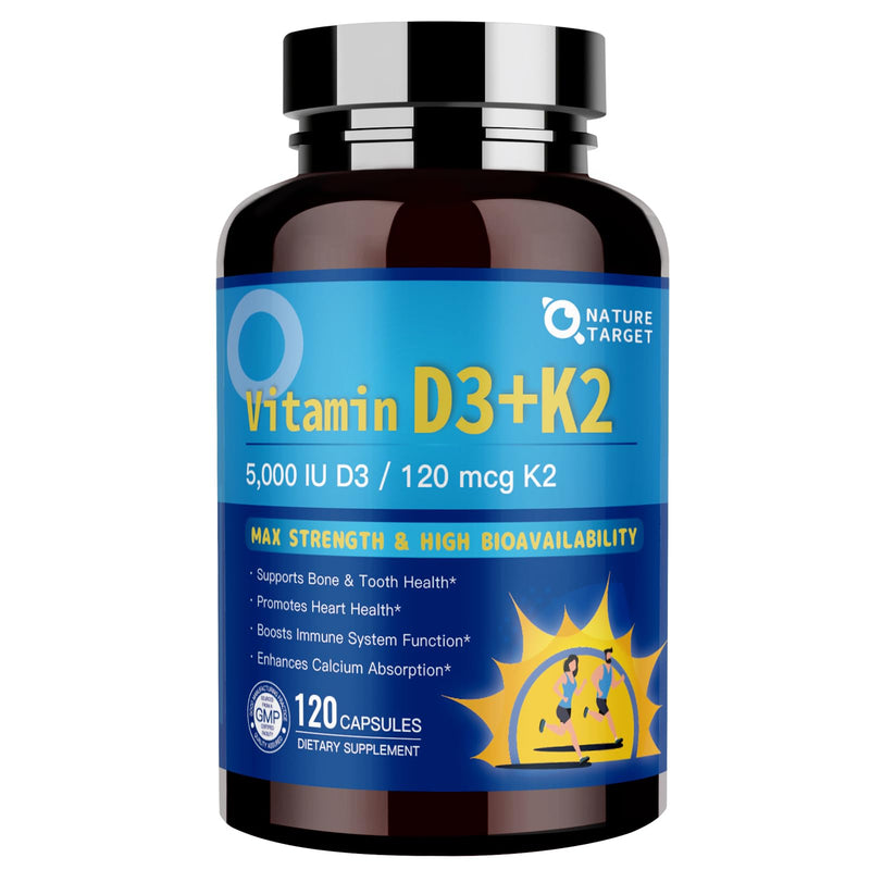 NATURE TARGET Vitamin D3 K2 with Calcium & Magnesium, 120 Servings | 6-in-1 Max Strength Complex, 5000 IU Vitamin D3 and 120 mcg K2, for Bone, Heart, and Immune Support, Gluten Free 120 Count (Pack of 1)