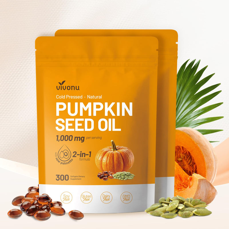 [Australia] - Pumpkin Seed Oil with Saw Palmetto Capsules | Cold Pressed, Pure Virgin Oil, Essential Fatty Acids & Phytosterols | 300 SoftgelsSupports Hair, Urinary, Bladder & Prostate Health, Non-GMO 600p/2bag 