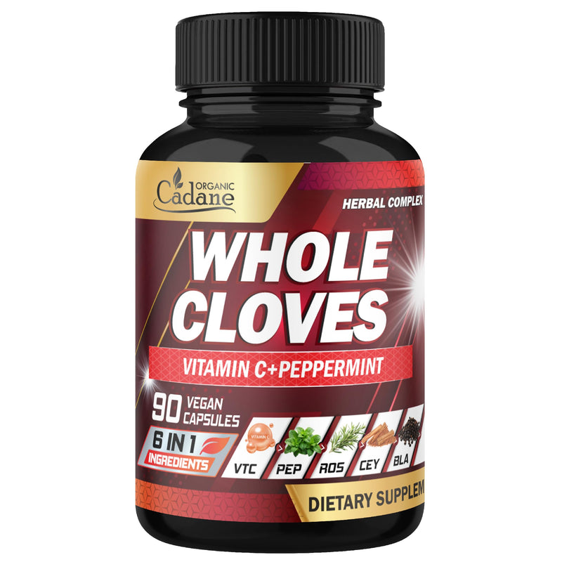 Cadane 6in1 Whole Cloves Herbal Supplement | Syzygium Aromaticum, Cinnamon, Peppermint, Rosemary, Black Pepper & Vitamin C | Non-GMO, Vegan – 90 Capsules – 45-Day Supply