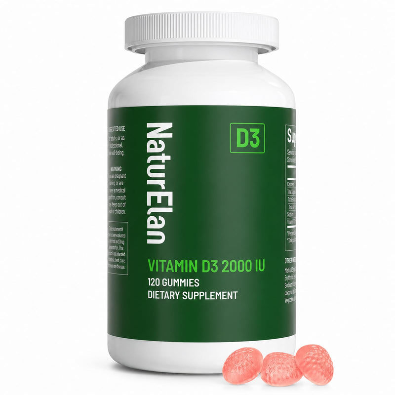 NaturElan Vitamin D3 Gummies - 120 Gummies, 2000 IU Vitamin D3, Sugar Free | Boost Bones, Mood & Immune System Function, Third Party Tested, Yummy Peach Flavor, Vegan & Gluten Free, 120 Servings 120 Count (Pack of 1)