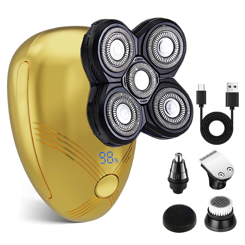 [Australia] - 5-in-1 Electric Cordless Razor for Men Head Shaver for Bald Men Grooming Kit with Nose Trimmer-Hair Clippers-Facial Brush, LED Display Rotary Shavers,USB Charging Rechargeable (Gold) Gold 