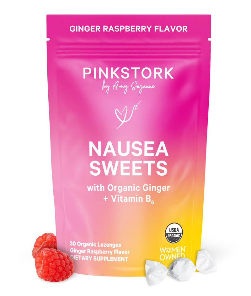 Pink Stork Organic Ginger Raspberry Sweets with Vitamin B6, 30 Candies | Morning Sickness & Motion Sickness, Added Ginger & Vitamin B6, 1st Trimester Pregnancy Must Haves, Wrapped Candies Raspberry Ginger