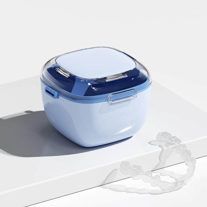 [Australia] - Denture Case Transparent Design Denture Cup with Removable Rinse Basket, Denture Case for Cleaning, Soaking, and Storing Dentures, Mouthguards and Orthodontic Retainers (Light blue) Light blue 