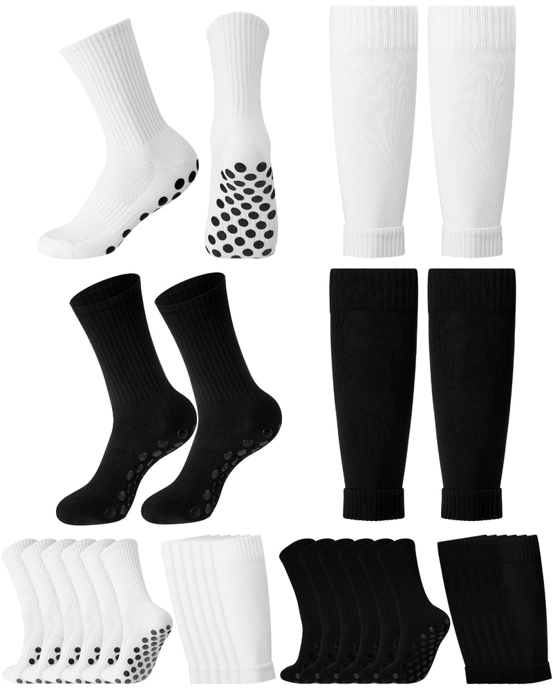 [Australia] - Eurzom 4 Sets Grip Soccer Socks with Shin Guard Sleeves for Men Non Slip Pads Black and White Athletic Socks with Compression Leg Sleeves for Christmas Soccer Football Basketball Sports Gifts 