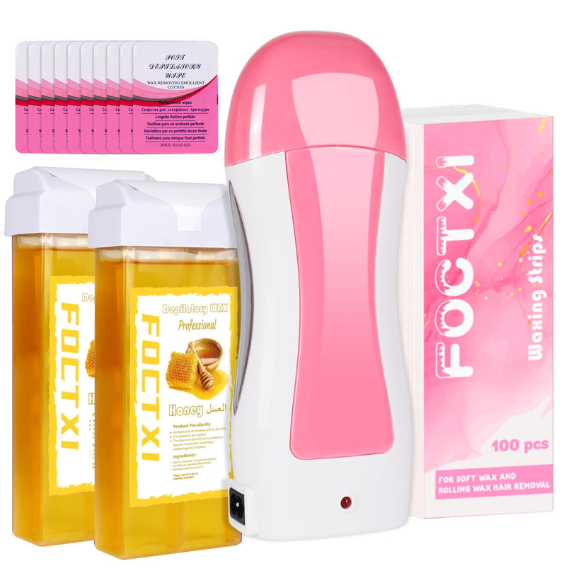[Australia] - Hair Removal Kit for Hair Removal for Women and Men with Strip, Roll On Wax Kit with 2 Honey Soft Wax Cartridge & 100 Non-Woven Wax Strips, at Home Waxing Kit for Women, Soft, Yellow 
