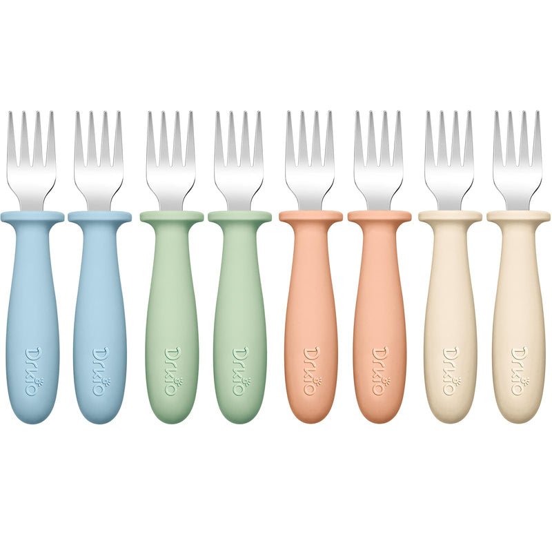 [Australia] - DRKIO 8 Pieces Toddler Forks Set - Baby Forks with Silicone Handle Children safe 18/8 Stainless Steel Toddler Utensils Set for Self Feeding Kids Silverware Anti-Choke Design Food Grade Dishwasher Safe Blue 