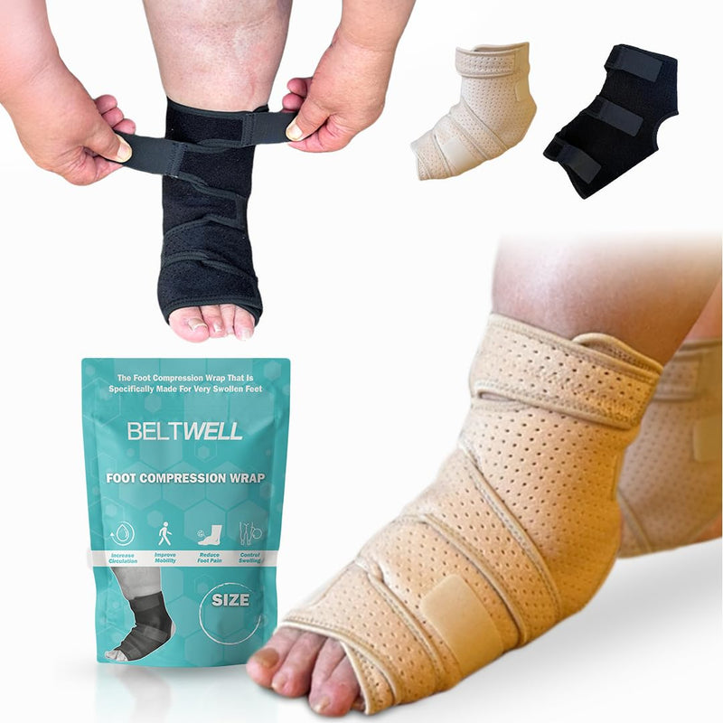 Beltwell® - Adjustable Foot & Ankle Compression Wraps For Edema, Lymphedema, Swelling, Neuropathy, Diabetic Foot Care, Circulation (2 Wraps) (Beige, Large) Beige