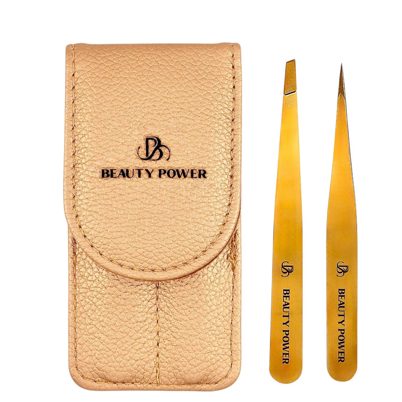 [Australia] - Professional Tweezers Set – Slant & Point, Ultra Precision German Stainless Steel Tweezers for Eyebrows, Chin, Ingrown Hair & Facial Grooming – Lightweight with Travel Case (Matte Gold) 2 / Matte Gold in Case 