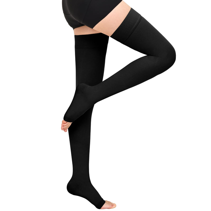 [Australia] - 20-30 mmHg Compression Stockings for Women & Men,Thigh High Medical Compression Socks,Support Graduated Compression Hose Sock for Treatment Varicose Veins Swelling-Closed Toe/Open Toe/Footless Large Open Toe-Black 