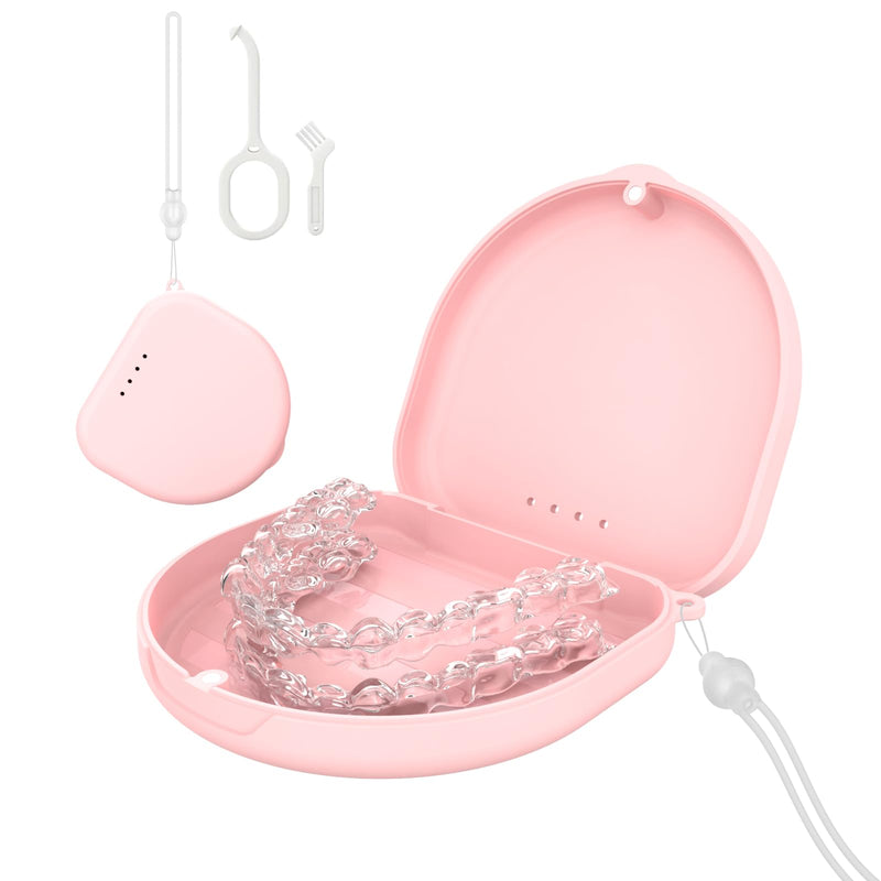 [Australia] - Retainer Case, Compatible with Invisalign, Vivera, Slim Aligner Case with Vent Holes, Portable Orthodontic Container with Removal Tool, Brush and Lanyard, Pink 