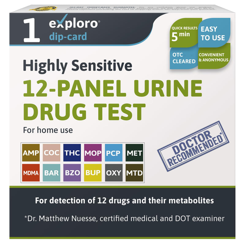 Exploro 12 Panel Drug Test Urine, Instant Home Multidrug Screen Kit, 1 Pack | Detects Marijuana, Cocaine, Opiates, Methamphetamine, Benzodiazepines, Oxycodone and More, Results in Minutes 1 Count ( Pack of 1)