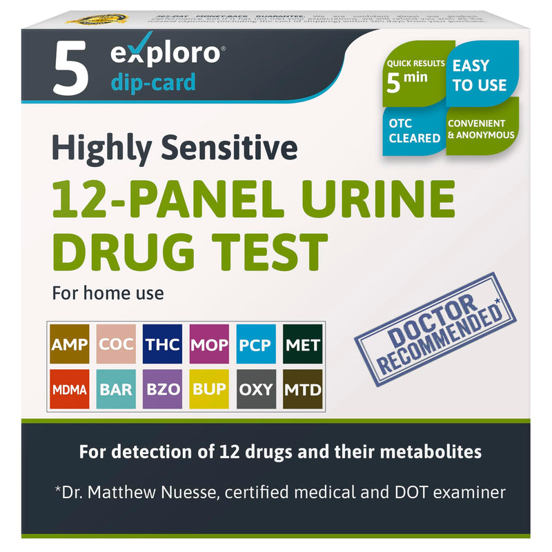 Exploro 12 Panel Urine Drug Screen, Home Test Kit for 12 Drugs, 5 Pack | Screens Marijuana, Cocaine, Opiates, Benzodiazepines, Methadone and Oxycodone with Instant Results, Ideal for Workplaces 5 Count ( Pack of 1)