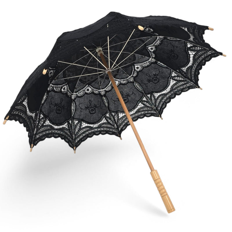 Black Lace Hand Sewn Parasol With Wood Handle