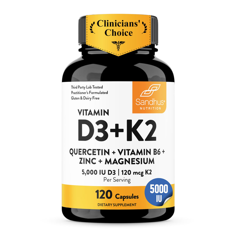 Sandhu's Vitamin D3 K2 Magnesium 5000 IU, 120mcg K2 Capsules 120 Count (Pack of 1) | with VIT B6, Zinc & Quercetin | D3K2 Supports Superior Absorption, Energy, Immune, Muscle Health for Men & Women 120 Count (Pack of 1) 5000 IU Capsules