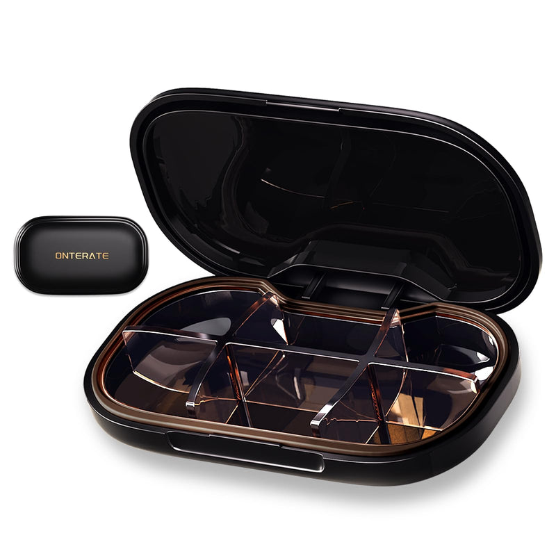 ONTERATE Small Pill Box, 6 Compartments Small Pill Case for Purse Pocket, Removable Divider Travel Pill Organizer, Moisture Proof Portable Mini Pill Container Medicine Organizer for Vitamins (Black) Black