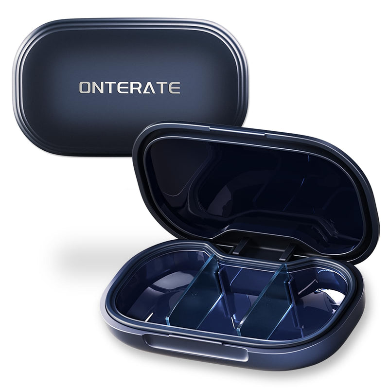 ONTERATE Small Pill Box, 3 Compartments Small Pill Case for Purse Pocket, Removable Divider Travel Pill Organizer, Moisture Proof Portable Mini Pill Container Medicine Organizer for Vitamins (Blue) Blue