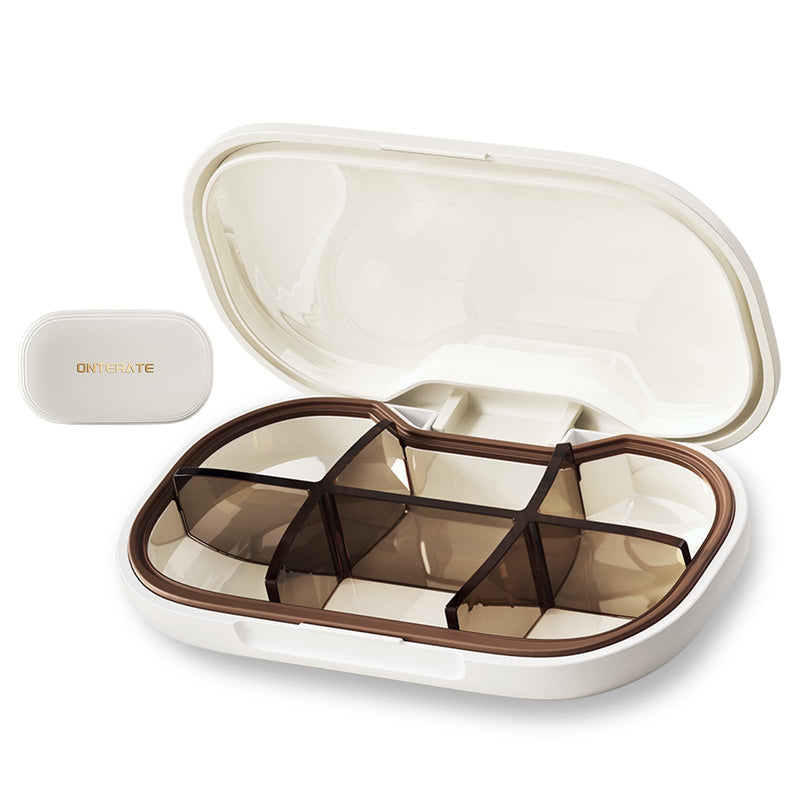 ONTERATE Small Pill Box, 6 Compartments Small Pill Case for Purse Pocket, Removable Divider Travel Pill Organizer, Moisture Proof Portable Mini Pill Container Medicine Organizer for Vitamins (White) White