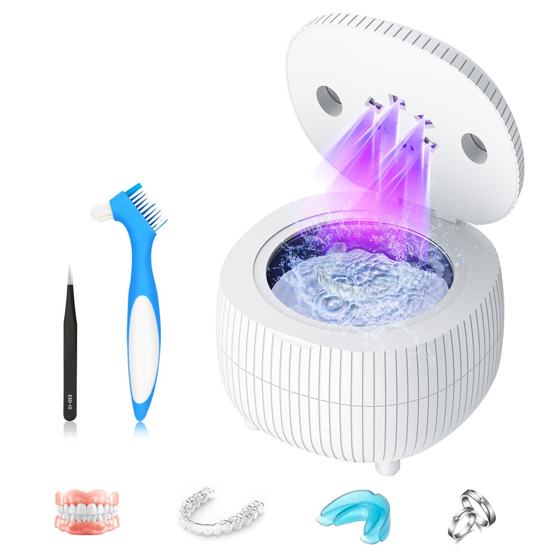[Australia] - Ultrasonic Retainer Cleaner Machine, 45khz 25W Dental Cleaning Pod for Denture, Mouth Guard, Aligner, Night Guard, Braces, Ring and Jewelry, 200ml Portable White 