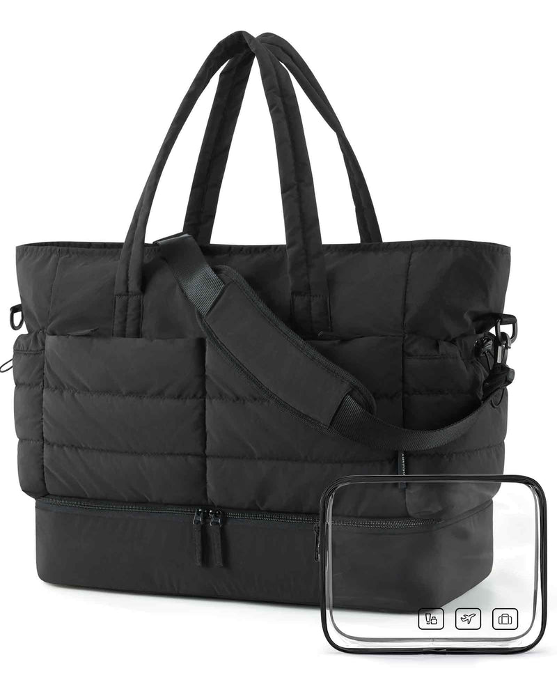 BAGSMART Large Travel Duffel Bag with Shoe Compartment, Puffer Carry-On Gym Weekender Bag for Women, Charcoal