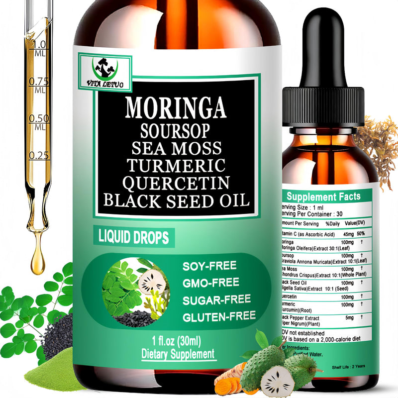 Moringa Drops,Pure Moringa Oleifera Liquid Extract with Soursop Sea Moss Black Seed Oil Quercetin Turmeric - Multimineral&Vitamins Superfood Drops for Energy Immune,Digestive,Cell Support,30 Serving