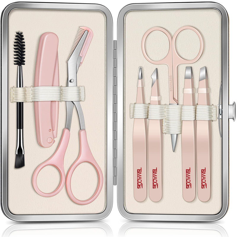 TsMADDTs Tweezers for Women Facial Hair, 8 in 1 Eyebrow Kit with Tweezers, Eyebrow Trimmer Scissors, Razor, Brush with Travel Bag, Hair Plucking Daily Beauty Tools A-pink