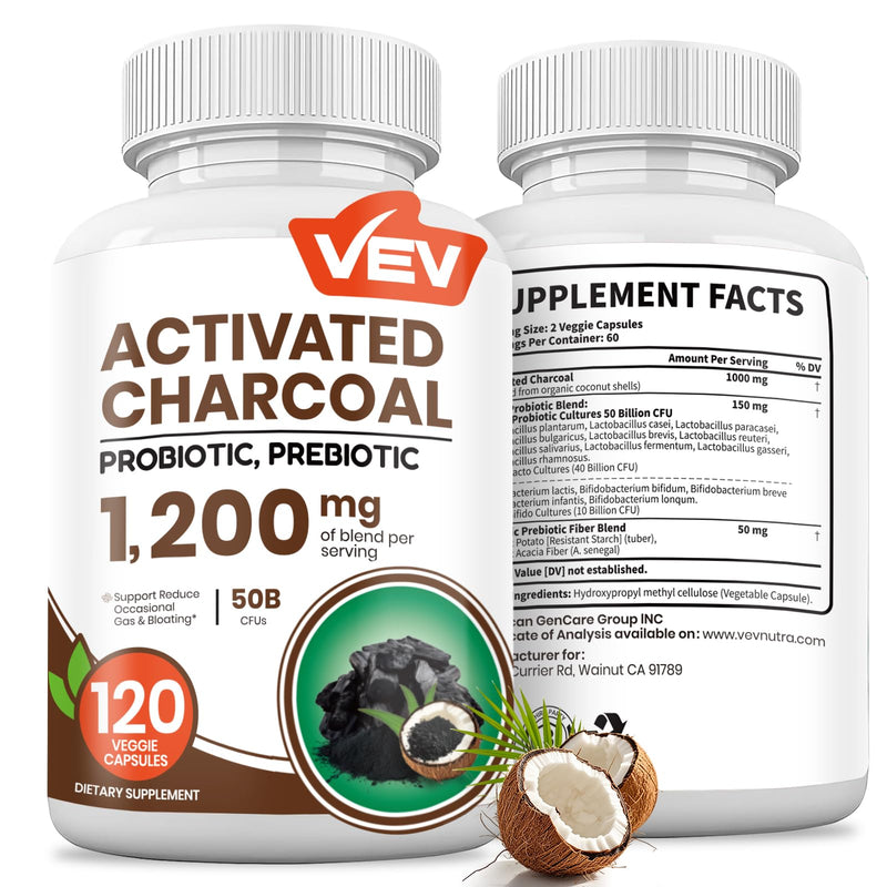 [Australia] - VEV Activated Charcoal with Organic Coconut Shell Charcoal & 50 Billion Probiotics ‚Äì 120 Vegan Capsules for Digestive Wellness & Dietary Support 