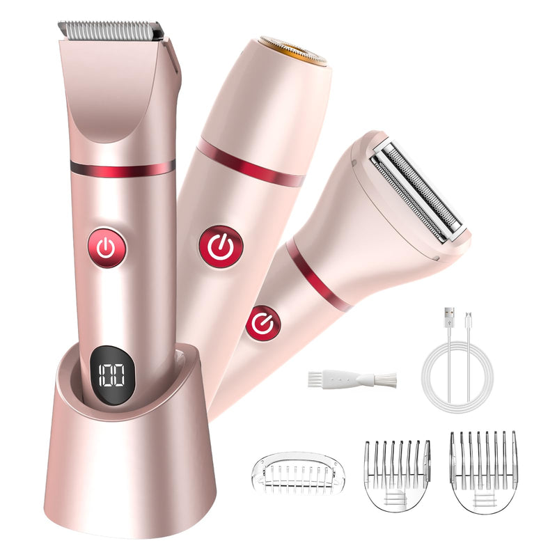 Bikini Trimmer for Women- 3 in 1 Painless Electric Razors for Women,Waterproof Pubic Hair Trimmer and Facial Hair Remover,LCD Display Body Shaver for Trip,Rechargeable Women's Grooming Kit Pink 588