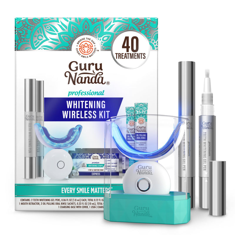 GuruNanda Teeth Whitening Kit - 8% Hydrogen Peroxide Teeth Whitening Gel Pen & Advanced Wireless LED Accelerator Light, Upto 10 Shades Whiter Teeth, Professional Dentist-Inspired System, 40 Treatments Pack of 1