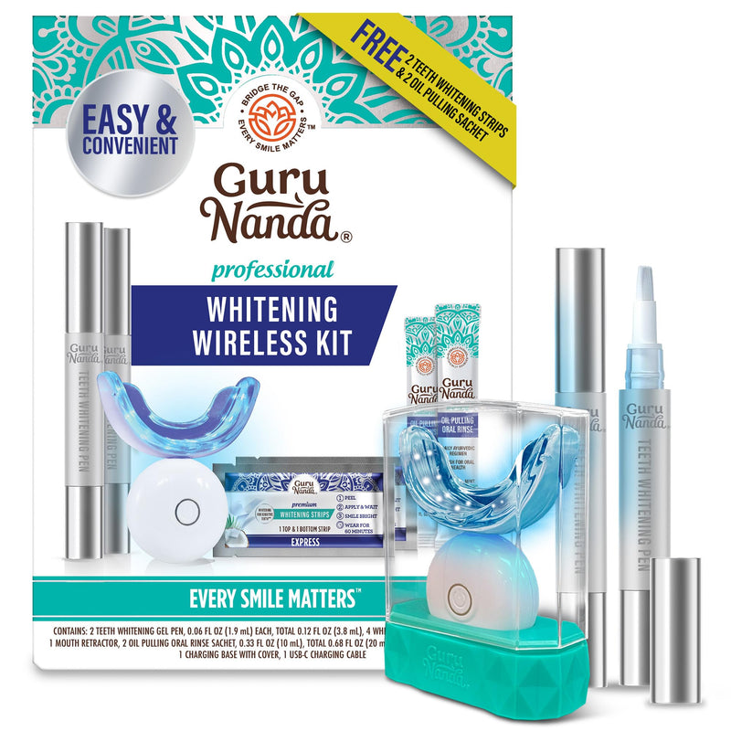 [Australia] - GuruNanda Professional Teeth Whitening Wireless Kit with LED Light & Whitening Pen, Helps Remove Surface Stains from Coffee, Food, Soda, 40 Treatments 