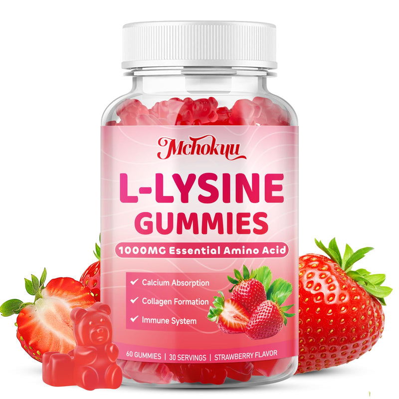 [Australia] - L-Lysine 1000mg Gummies, Chewable Lysine Supplement for Adults & Kids Immune Support, Essential Amino Acid, Vegetarian, Non-GMO, Sugar-Free, Gluten Free, Strawberry Flavor, 60 Counts 60 Count (Pack of 1) 