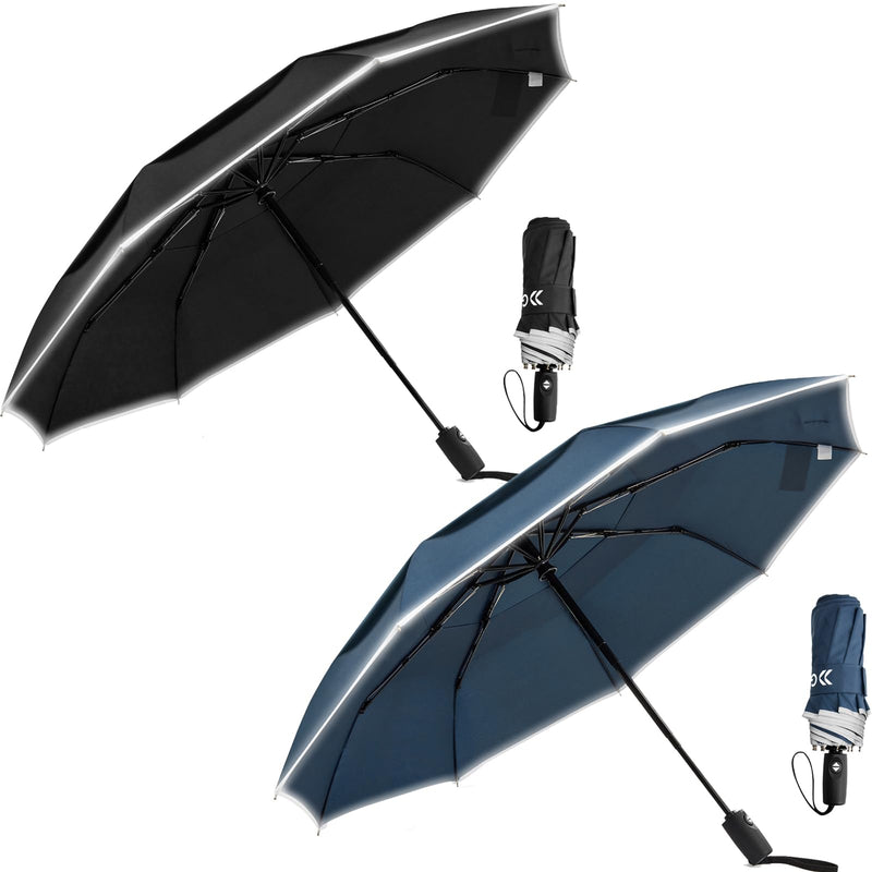 G4Free 2 Packs Windproof Portable Travel Umbrella for Rain & Sun, Strongest Fiberglass Frame, Eco Double Canopy with Reflective Strip, Auto Open Close Folding Umbrella For Car, Backpack, Purse