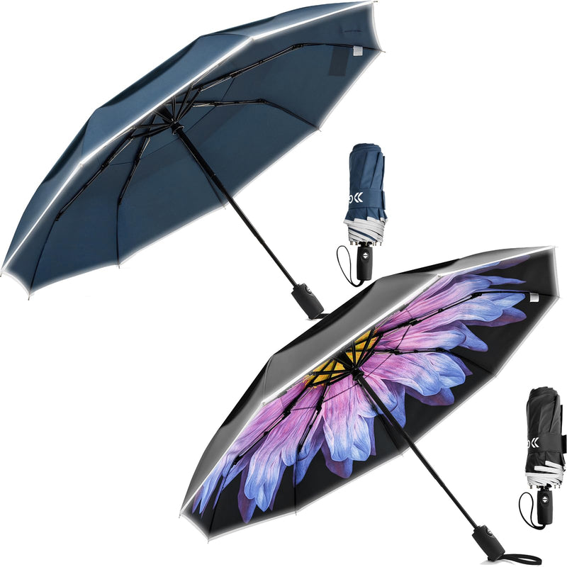 G4Free Windproof Portable Travel Umbrella for Rain & Sun, Strongest Fiberglass Frame, Eco Double Canopy with Reflective Strip, Auto Open Close Folding Umbrella For Car, Backpack, Purse