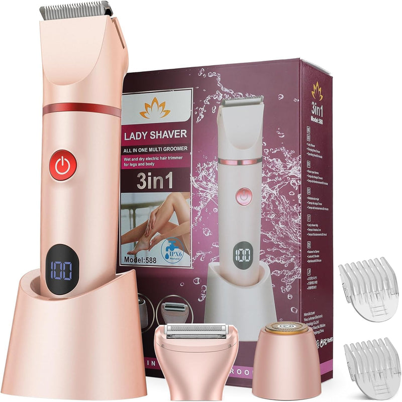 Bikini Trimmer for Women, 3 in 1 Electric Razors for Women, Rechargeable Electric Bikini Shaver, Waterproof Pubic Hair Trimmer and Facial Hair Remover with LED Display Pink