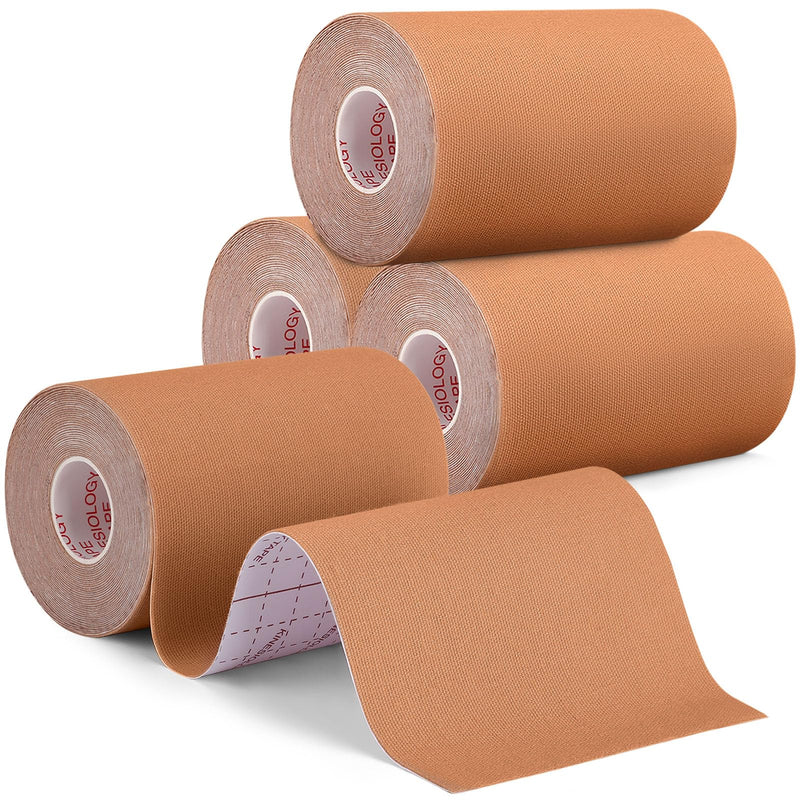[Australia] - 4 Rolls Kinesiology Tape, 4in x 5.5yd Extra Wide Breathable Muscle Support Adhesive Sport Tape for Knee Pain Relief, Latex Free Cotton Elastic Uncut Strips for Joints, Back, Ankle, Shoulder, Wrist Beige 