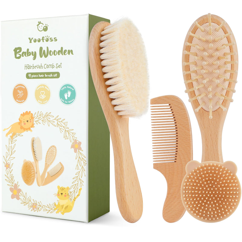[Australia] - Yoofoss 4 Piece Baby Brush and Comb Set, Wooden Baby Brush with Natural Ultra Soft Goat Hair, Baby Hair Brush for Newborn, Baby Brush Set for Boy Girl Wood 
